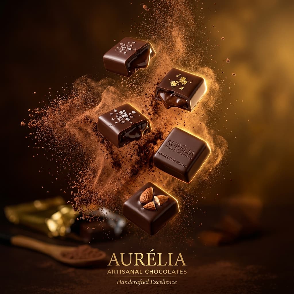 Anuncio de chocolates artesanales con polvo de cacao