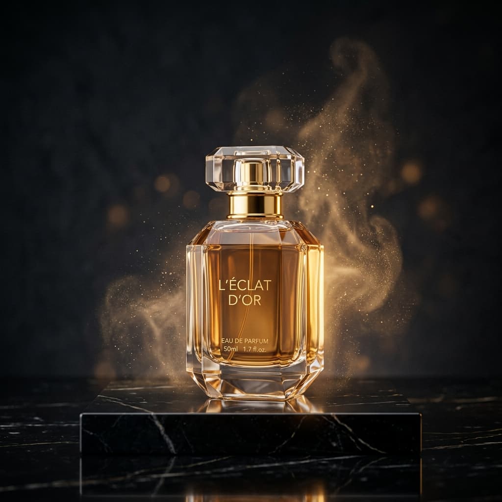 Anuncio de perfume premium sobre mármol negro