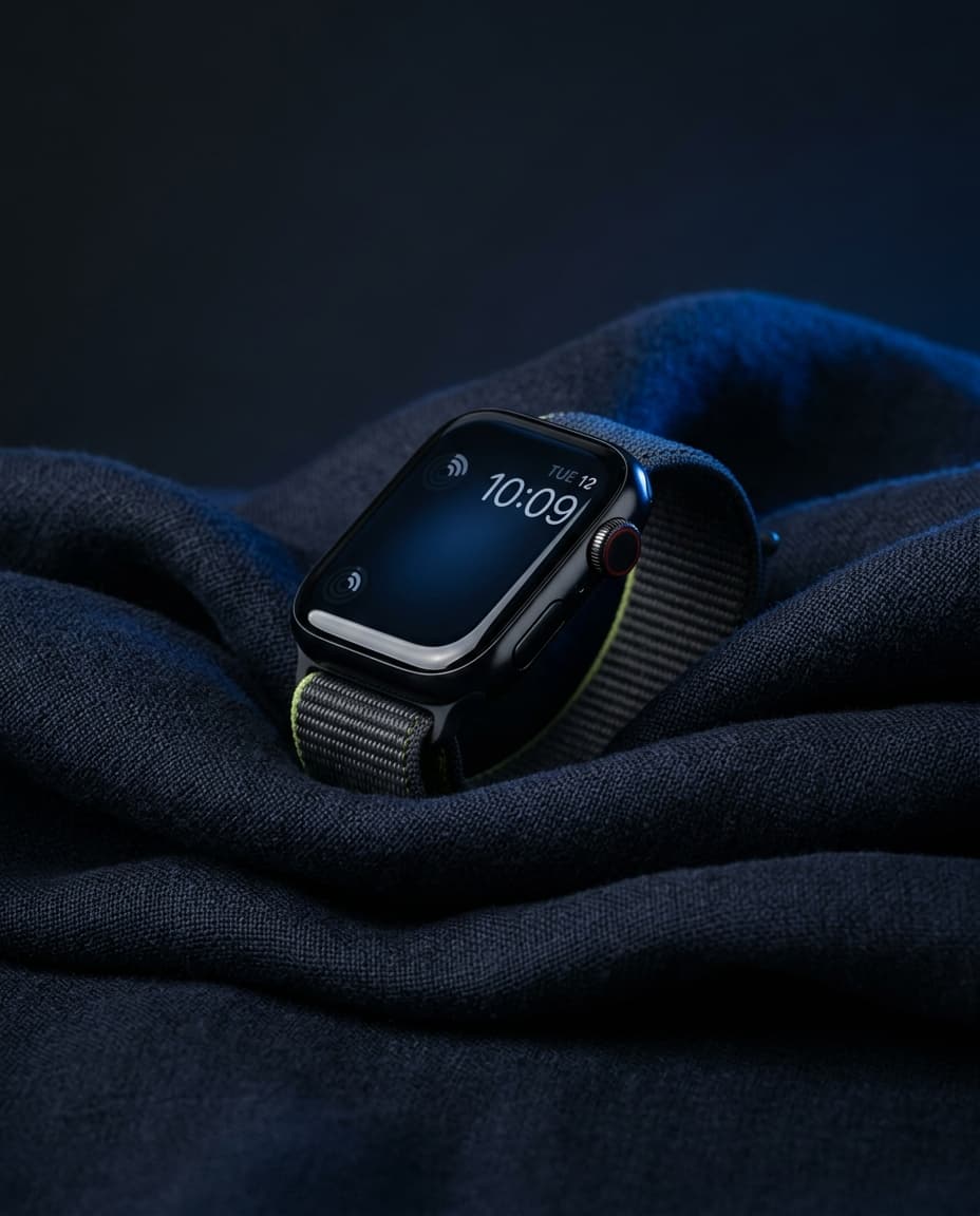 Anuncio de smartwatch premium sobre tela navy
